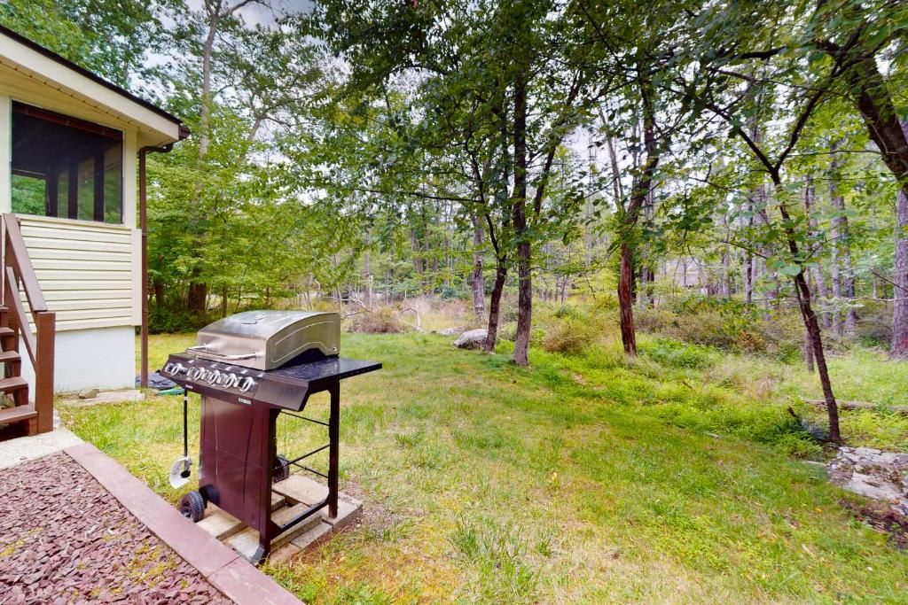 Un jardin avec un barbecue et une petite maison.