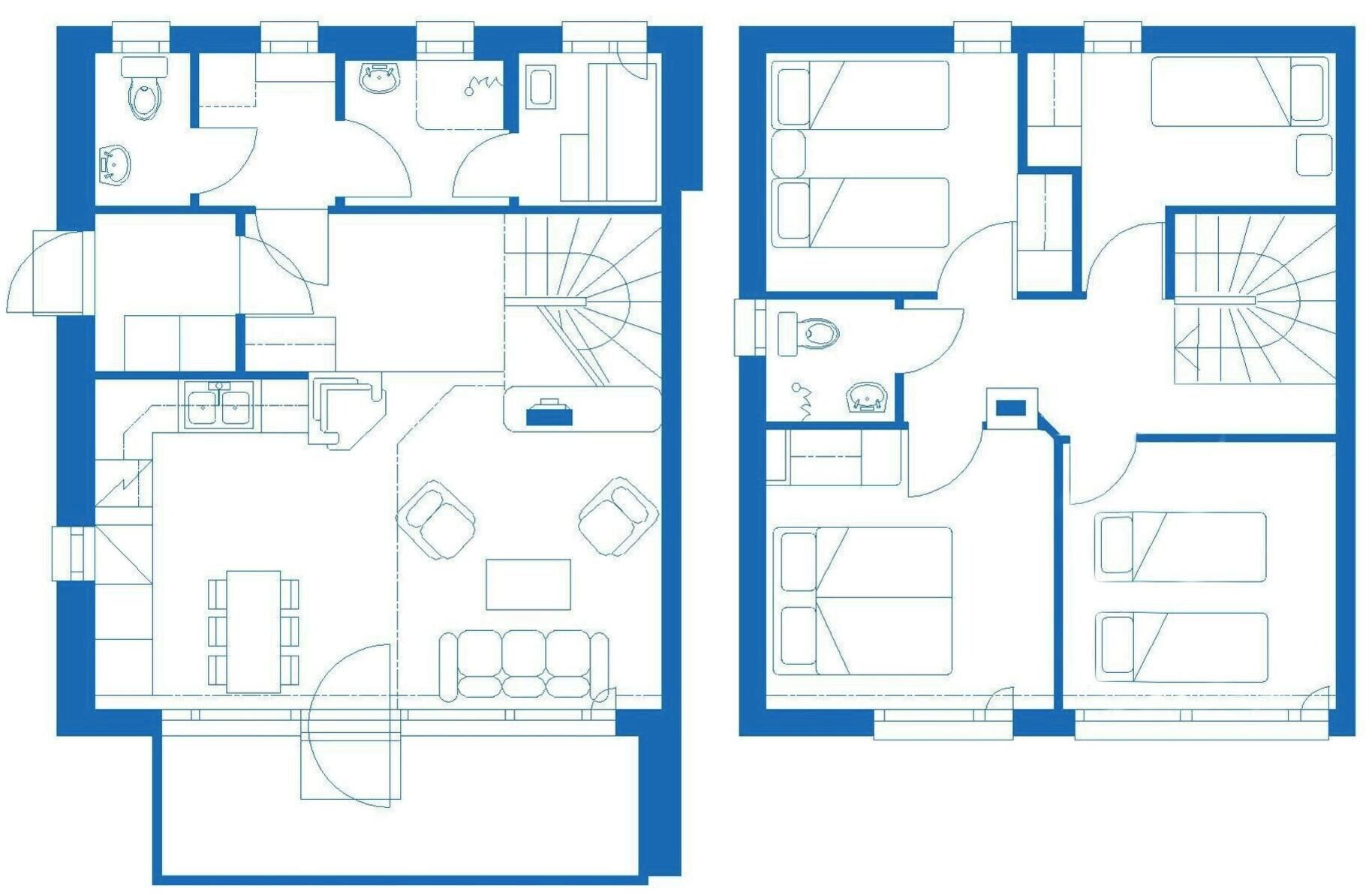 A floor plan of a hotel with multiple rooms, a kitchen area, and a dining space.