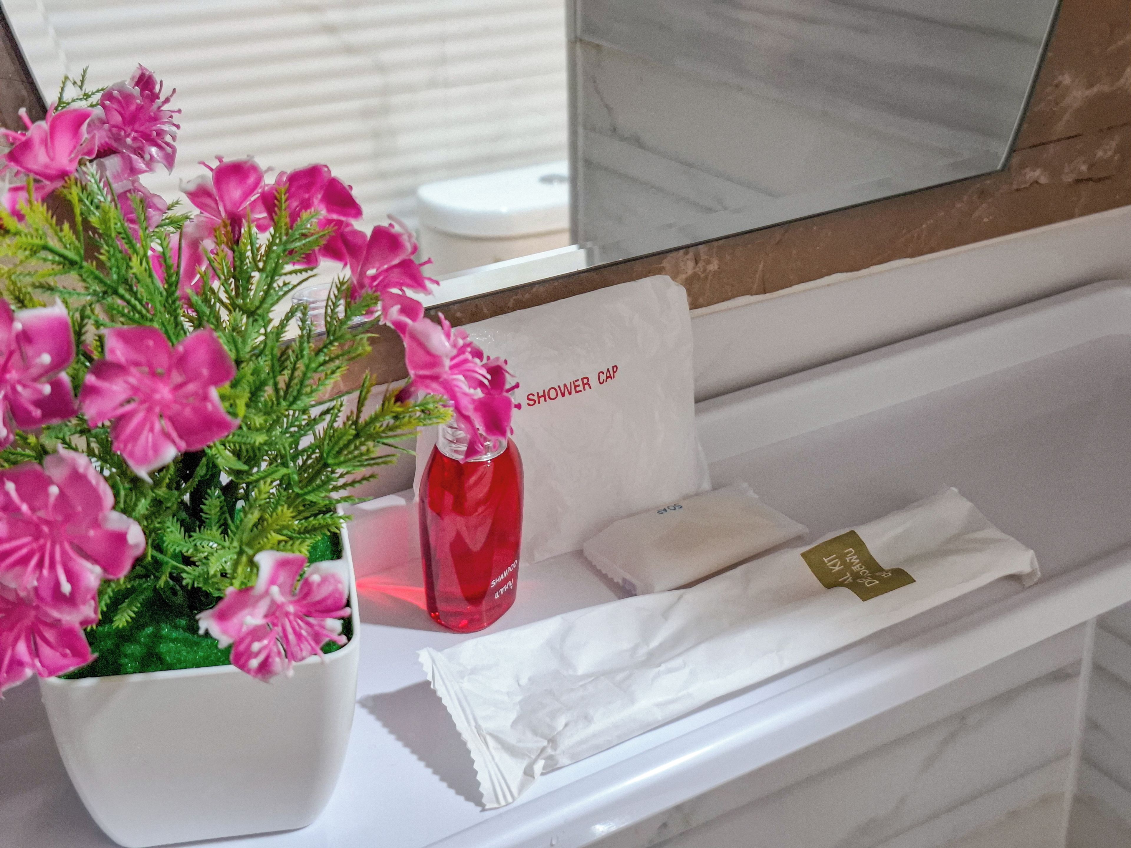 Ett badrum med ett vitt handfat, en spegel, en flaska schampo, en handduk och en krukväxt med rosa blommor.