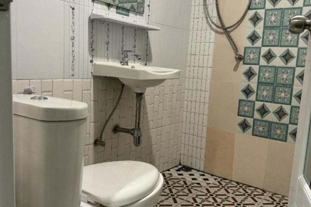 Une petite salle de bain avec des toilettes, un lavabo et une douche.