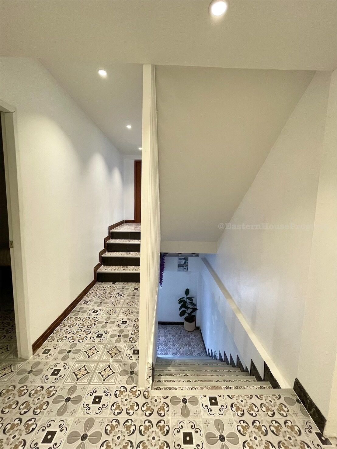 A hallway with patterned floor tiles, a staircase with a wooden handrail, and a potted plant on the landing.
