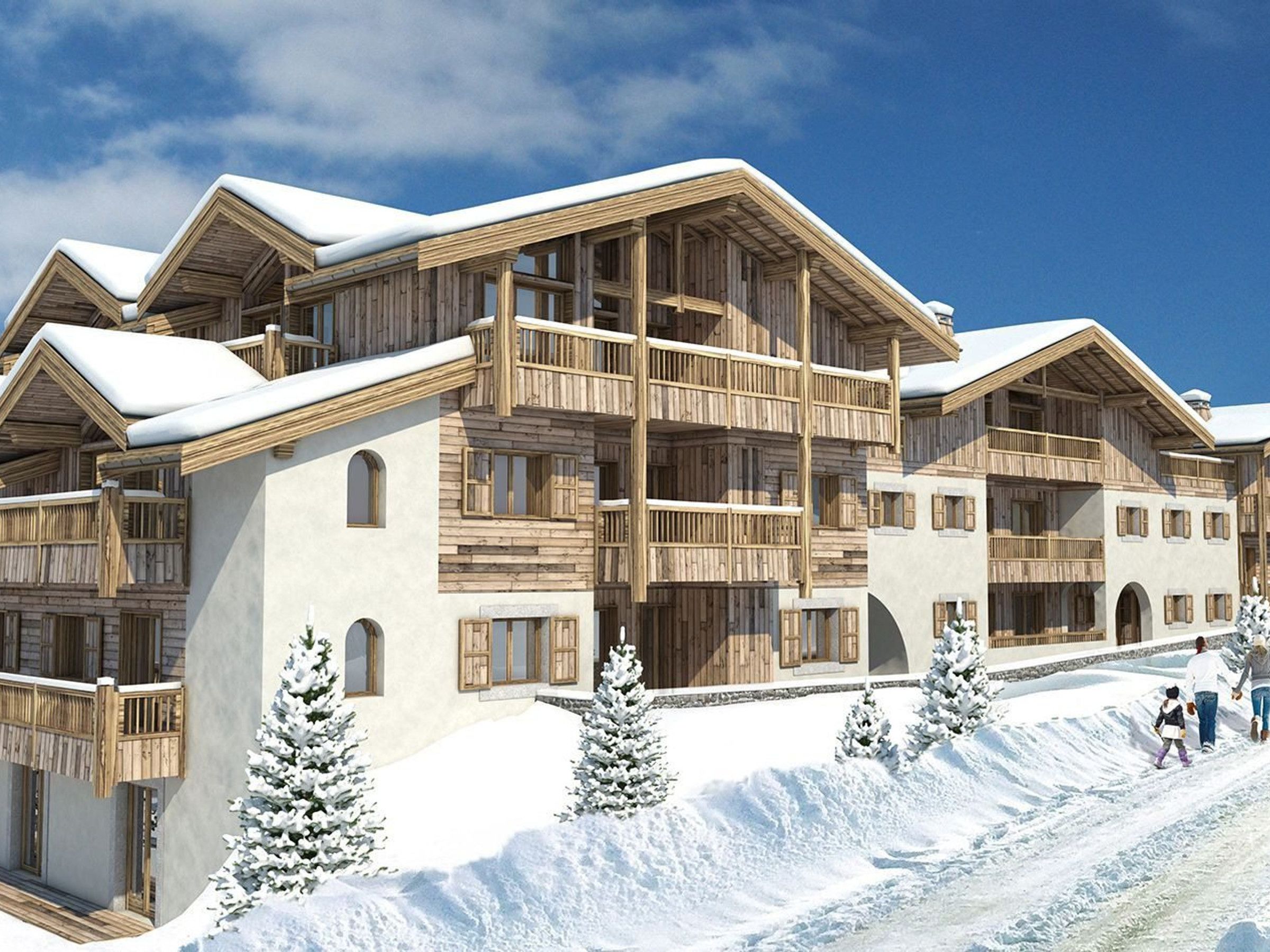 Un immeuble en bois à plusieurs étages, doté de balcons, entouré d’arbres couverts de neige et surplombant un ciel dégagé.