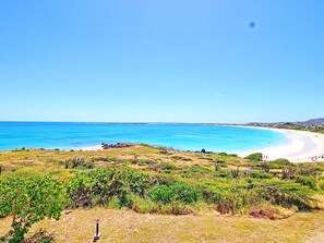 Un paisaje costero con playa, vegetación y cielo despejado.