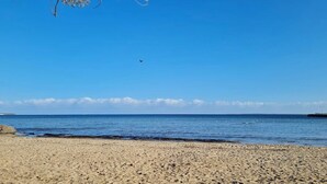 A beach with a clear sky and calm sea.