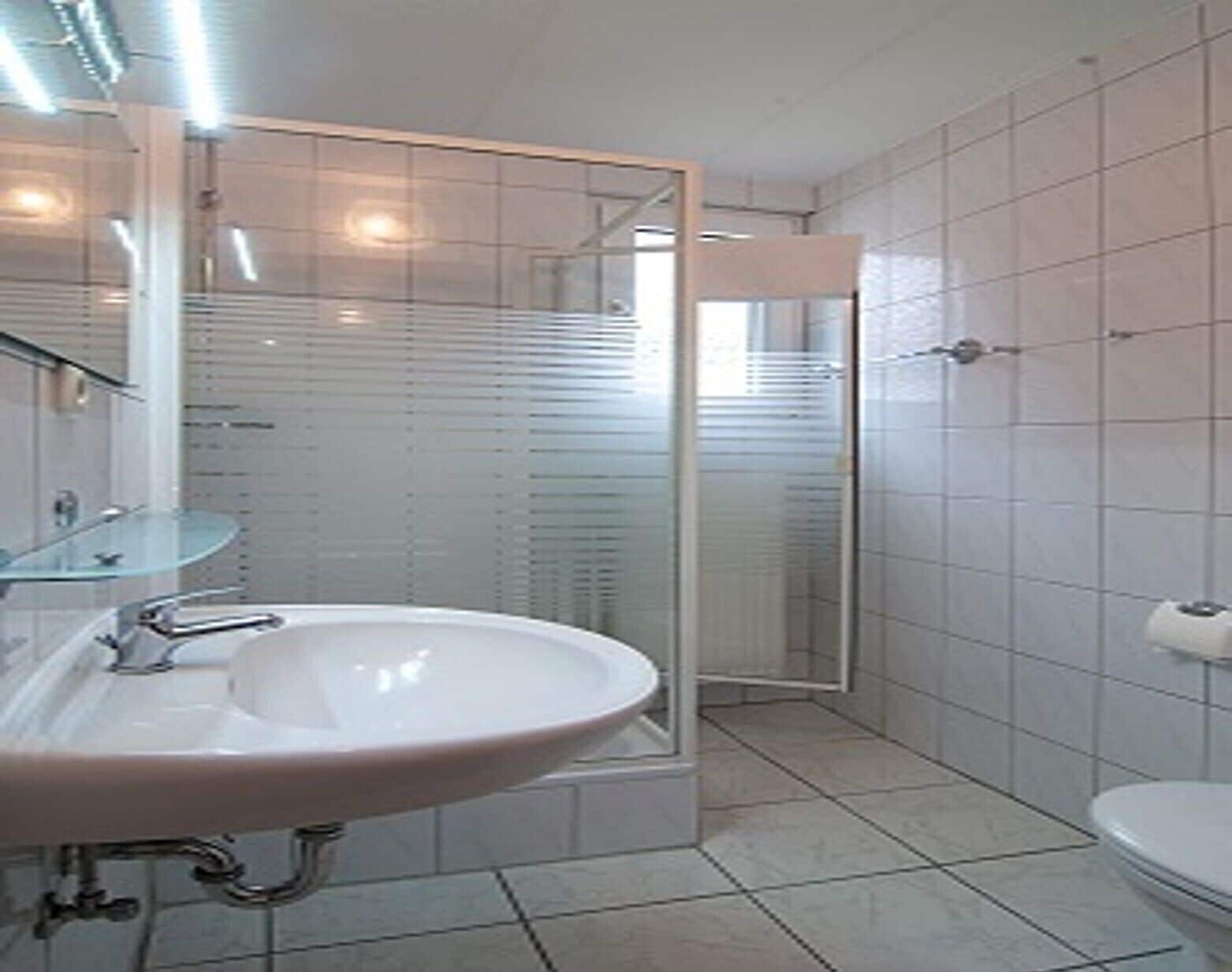 Un baño moderno con un lavamanos grande, cabina de ducha con mampara de vidrio y un inodoro.