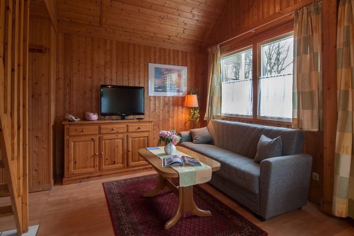Habitació acollidora amb parets de fusta, un televisor sobre un moble de fusta, un sofà i una finestra amb cortines.