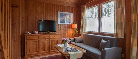 A wooden-paneled room with a sofa, a television, a lamp, and a window with curtains.