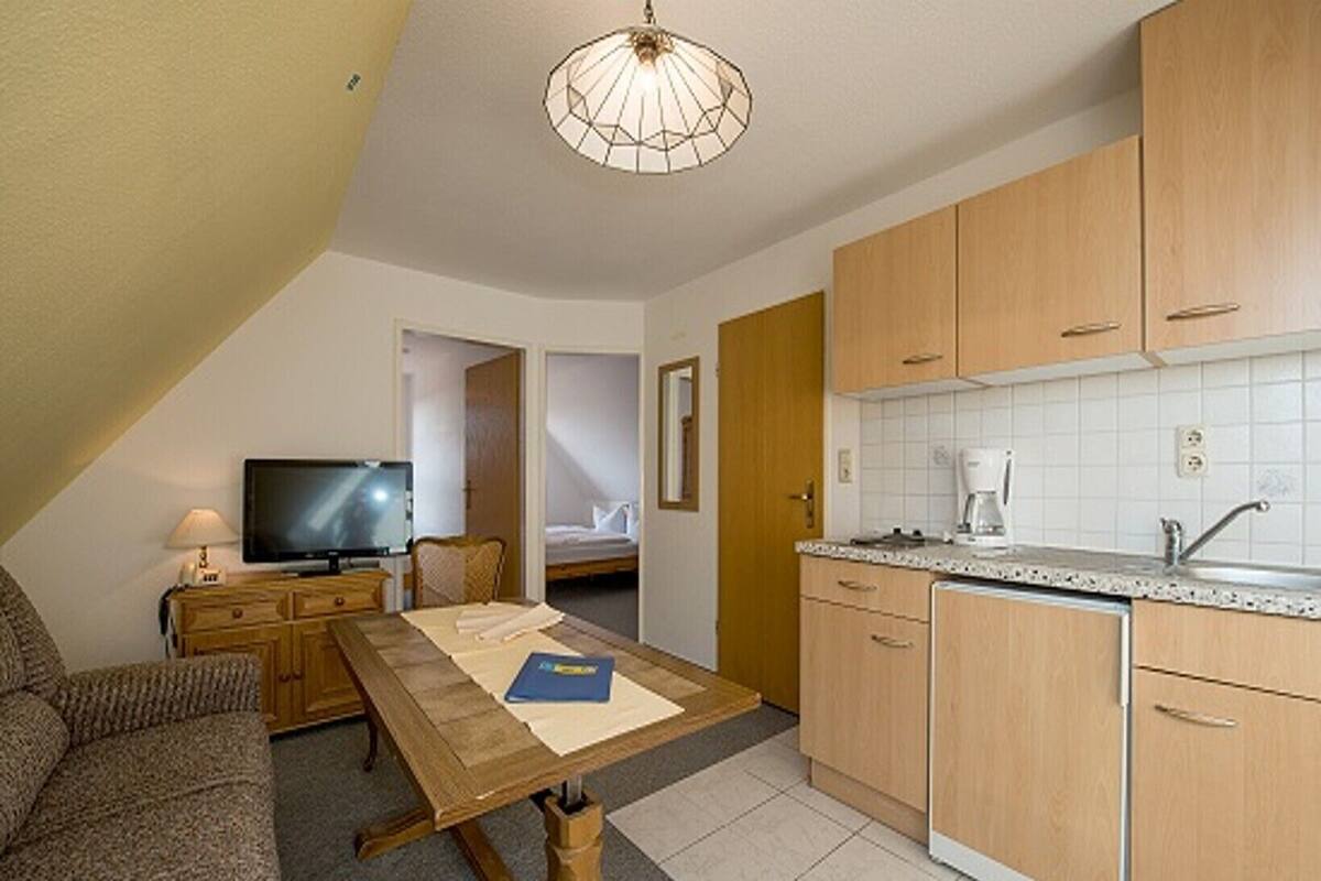 Habitació d'hotel compacta amb cuineta, zona de dinar, televisió i llit.