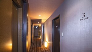 Un couloir d'hôtel avec un sol recouvert de moquette, un luminaire fixé au mur et une porte portant les numéros 3 et 301 à 307.