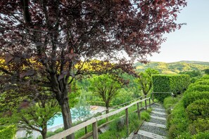 Un sendero de madera que lleva a un área de piscina rodeada de vegetación exuberante y árboles.