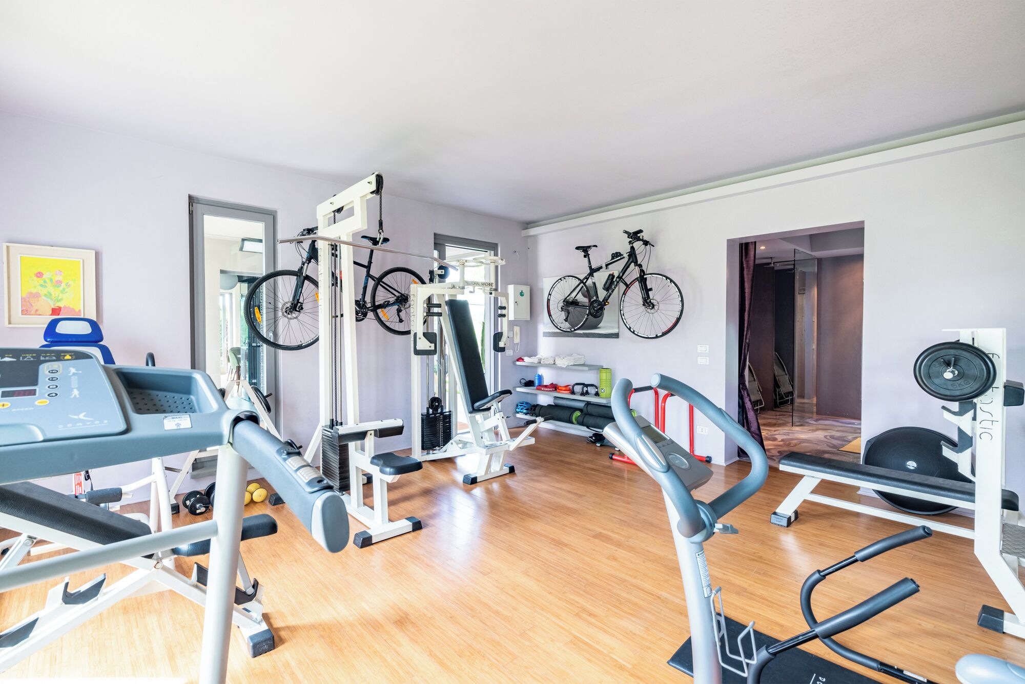 A gym with exercise equipment, a treadmill, and bicycles.