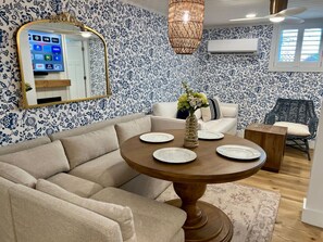 Smart TV, fireplace, music library, video library