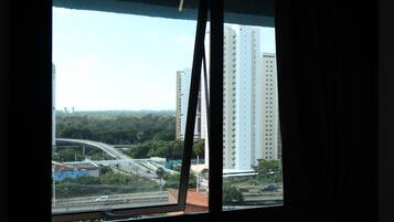 Vista pela janela, com um edifício alto ao fundo, uma ponte e vegetação.