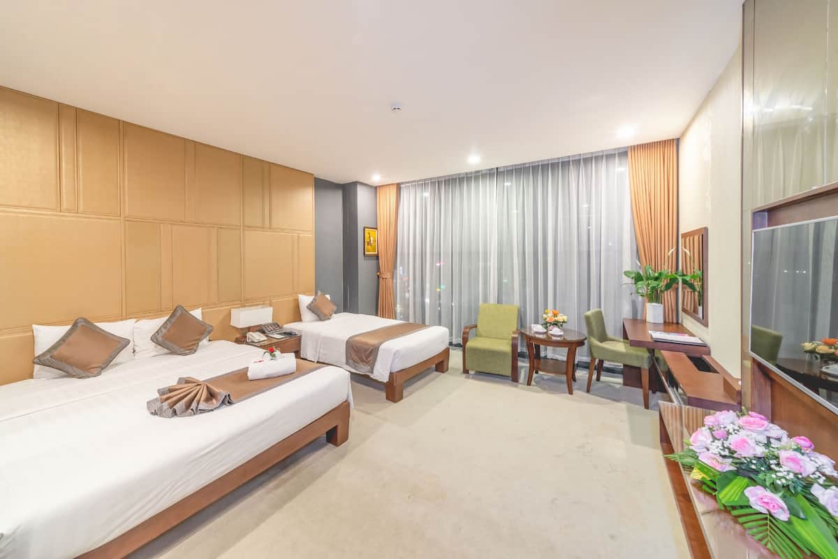 Habitación de hotel con dos camas, un escritorio, una silla, un televisor y una ventana con cortinas.