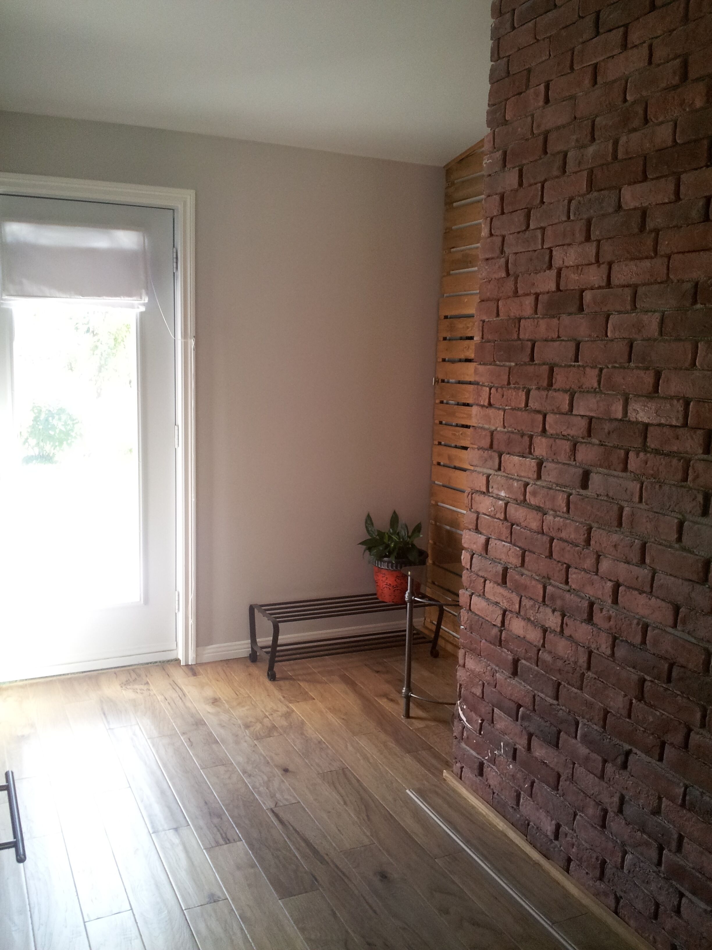 A room with a wooden floor, a brick wall, a potted plant, and a metal shelf.