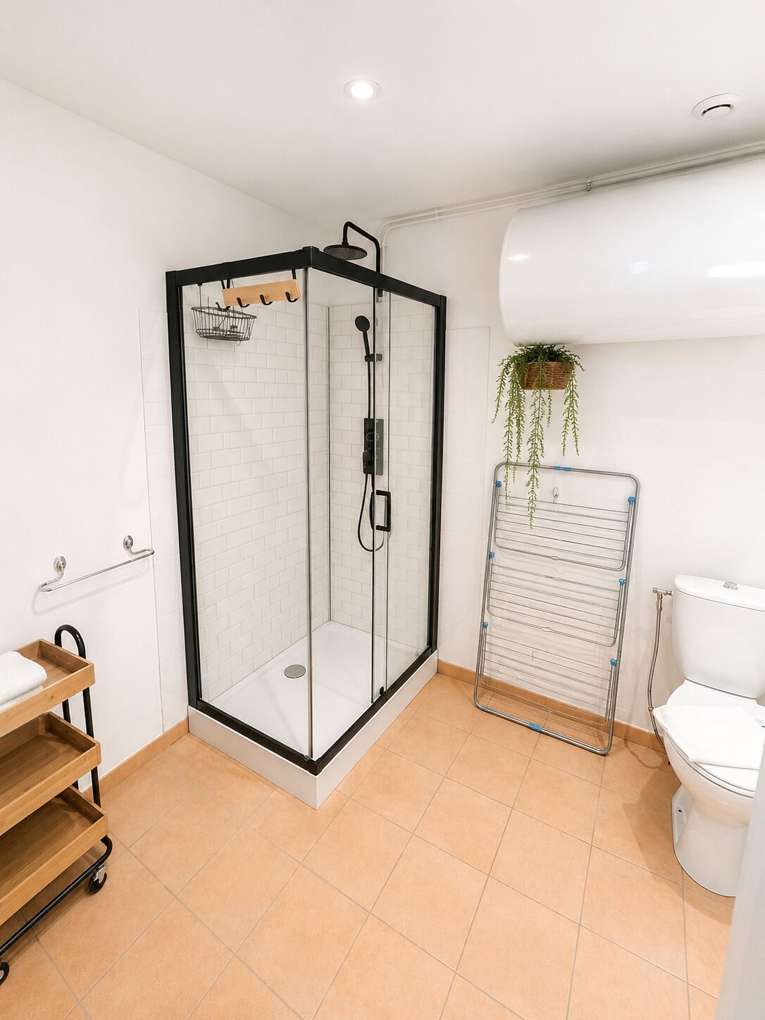 Et moderne badeværelse med en glasafskærmet brusekabine, et hvidt toilet, en træhylde og en hængende plante.