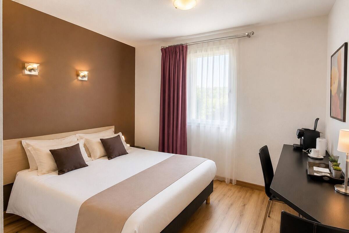 A hotel room with a bed, a desk with a chair, a coffee machine, and a window with curtains.