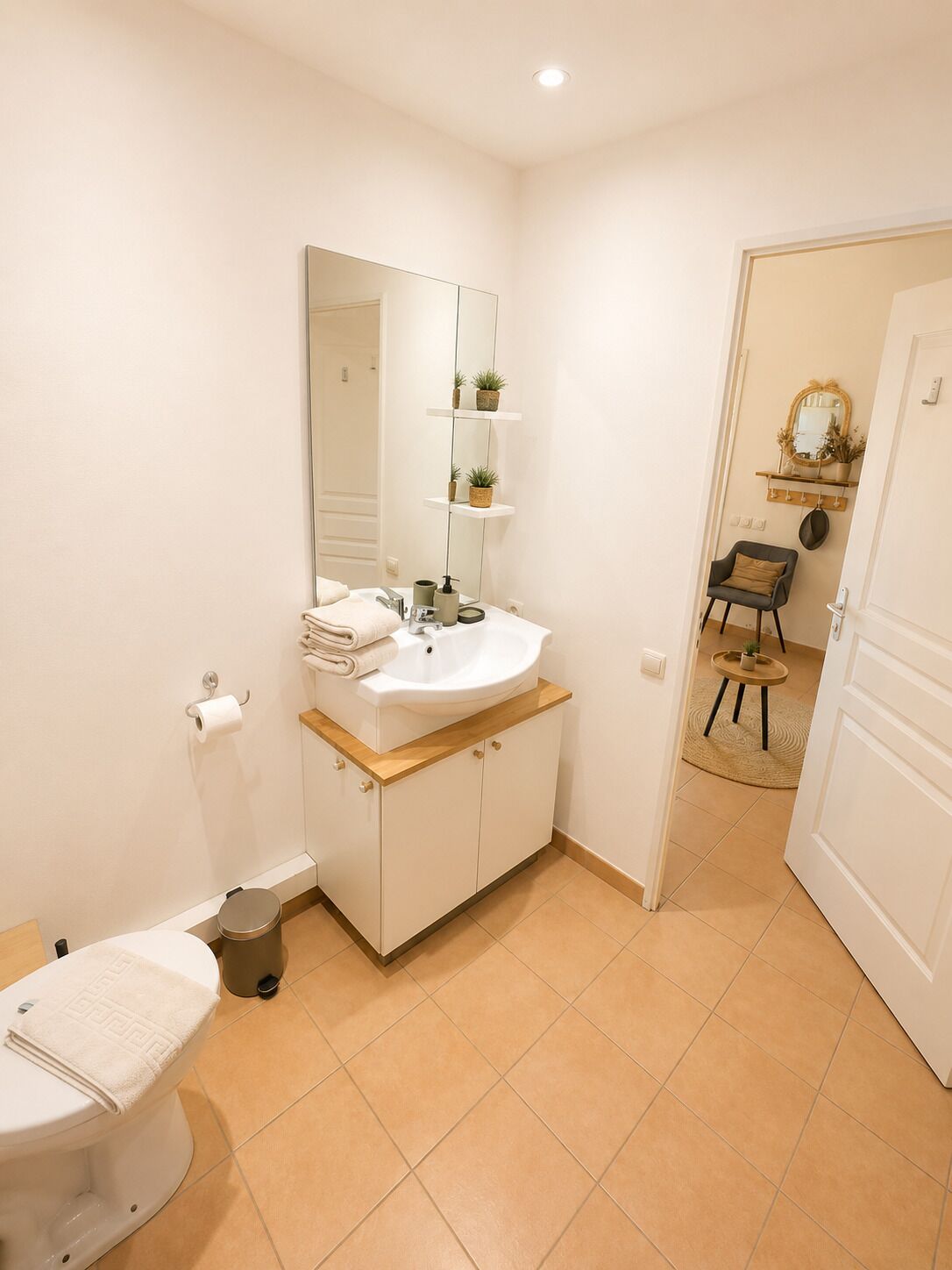 A bathroom with a toilet, sink, mirror, and shelves with plants.