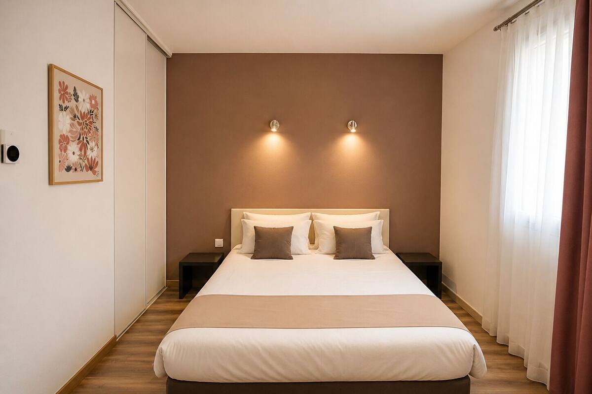 A bedroom with a large bed, two bedside tables, a wall-mounted light fixture, and a window with curtains.