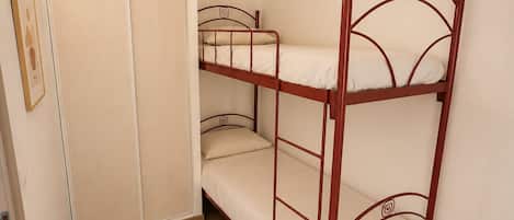 A bunk bed in a room with wooden flooring, a door, and a small plant.
