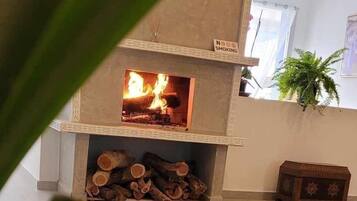 A fireplace with a 'No Smoking' sign, a tiled floor, and a potted plant in the foreground.