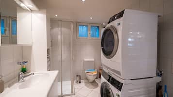 Hair dryer, towels, soap, toilet paper