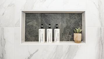 Ein Badezimmerschrank mit drei Flaschen Shampoo, Conditioner und Duschgel, sowie einer kleinen Topfpflanze.