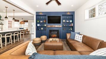 Smart TV, fireplace, books