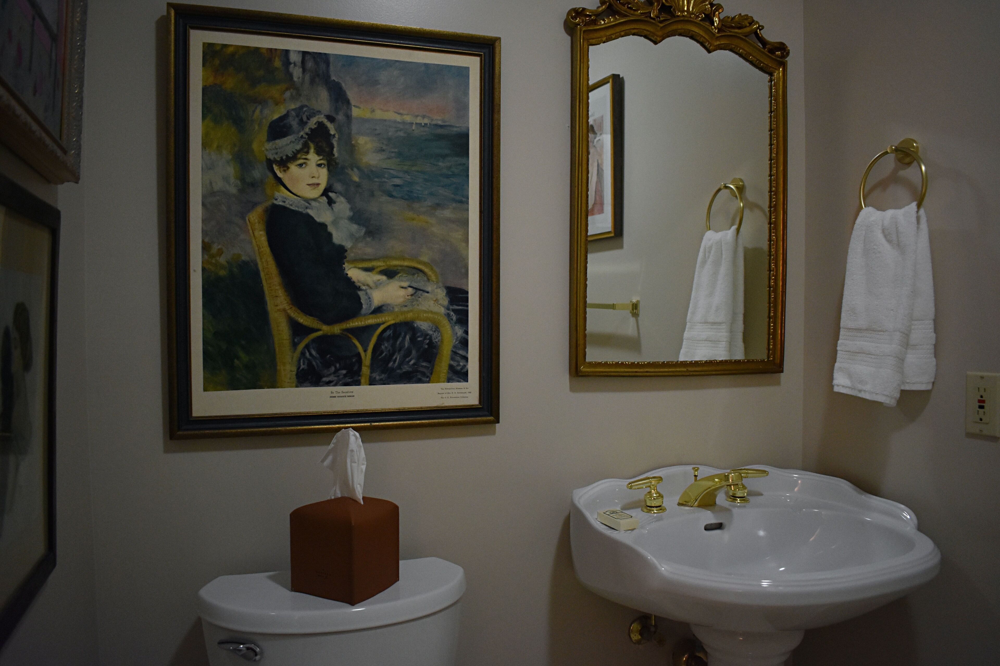 Uma casa de banho com um quadro emoldurado, um espelho com moldura dourada, uma pia branca e uma sanita com uma caixa de tecidos.