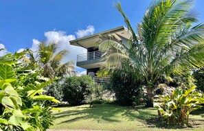 A modern two-story building with a balcony, surrounded by lush greenery and palm trees. - The Fruit Tree Garden Bromeliad Suite (Arenal)