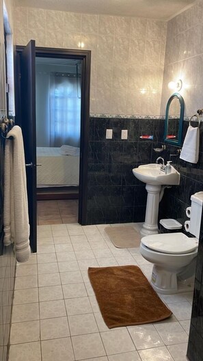 A bathroom with a shower, toilet, sink, and a brown rug on the floor. - Beautiful entire home near Plaza Patio Mall (Saltillo)