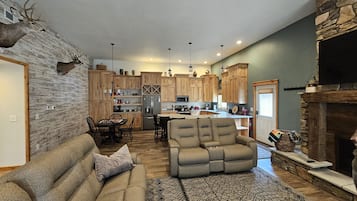 Smart TV, fireplace, books