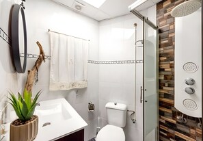 Shower, hair dryer, towels, toilet paper