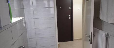 Hair dryer, towels, soap, toilet paper