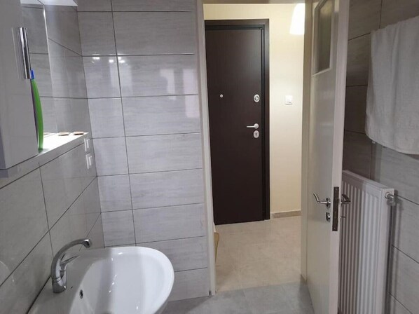 Hair dryer, towels, soap, toilet paper