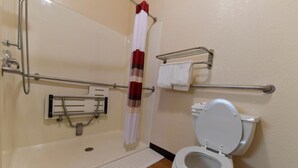 Ein Badezimmer mit Dusche, Toilette, Haltegriffen und einem Handtuchhalter.