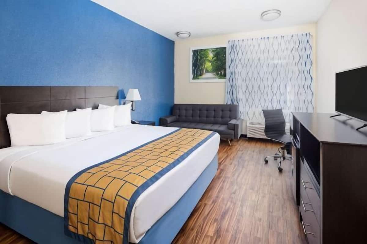 A hotel room with a bed, a desk, a chair, a TV, and a window with curtains.