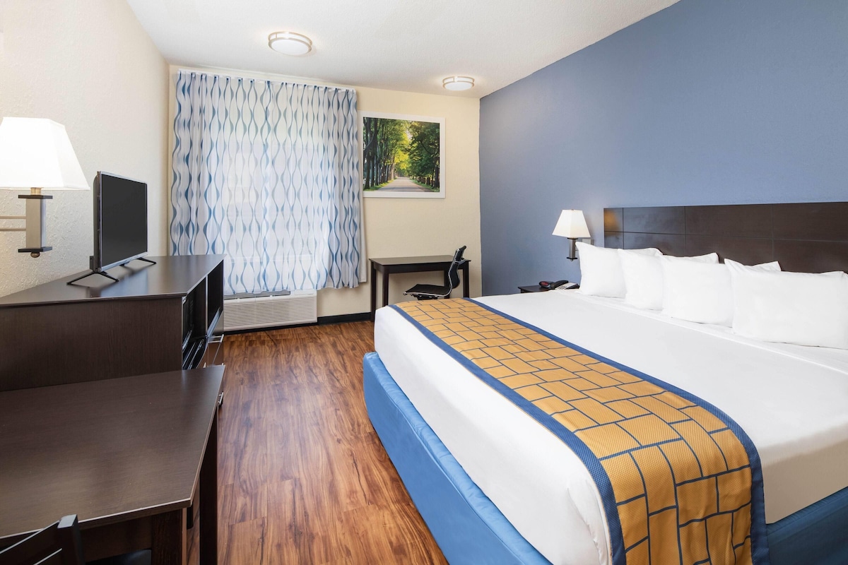 A hotel room with a bed, a desk, a chair, a TV, and a window with curtains.