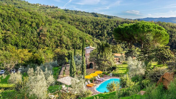 Una villa con piscina circondata da vegetazione rigogliosa e uno sfondo montuoso.