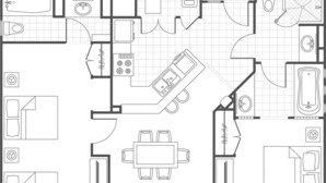 Plano de planta de un hotel que incluye cocina, comedor, dos dormitorios, un baño y una sala de estar.
