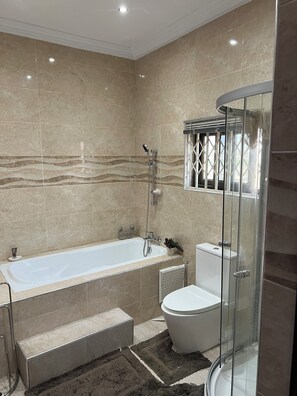 Shower, towels, soap, toilet paper