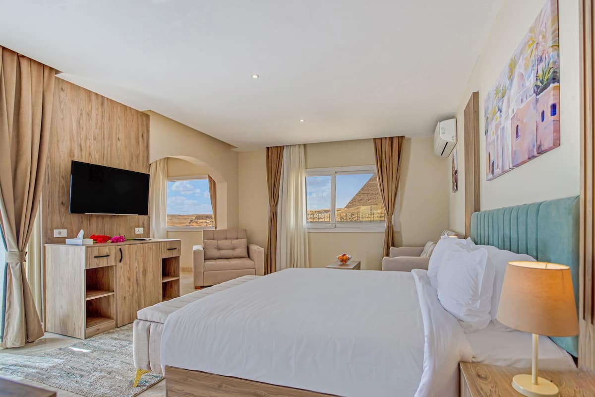 King Suite with Panoramic Pyramids View & Terrace | In-room safe, desk, blackout drapes, free WiFi