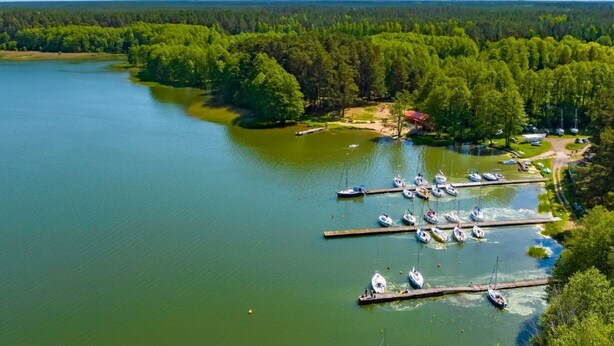 Un port esportiu amb vaixells amarrats, envoltat de forest dens i una gran extensió d'aigua.
