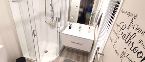 Shower, hair dryer, towels, soap