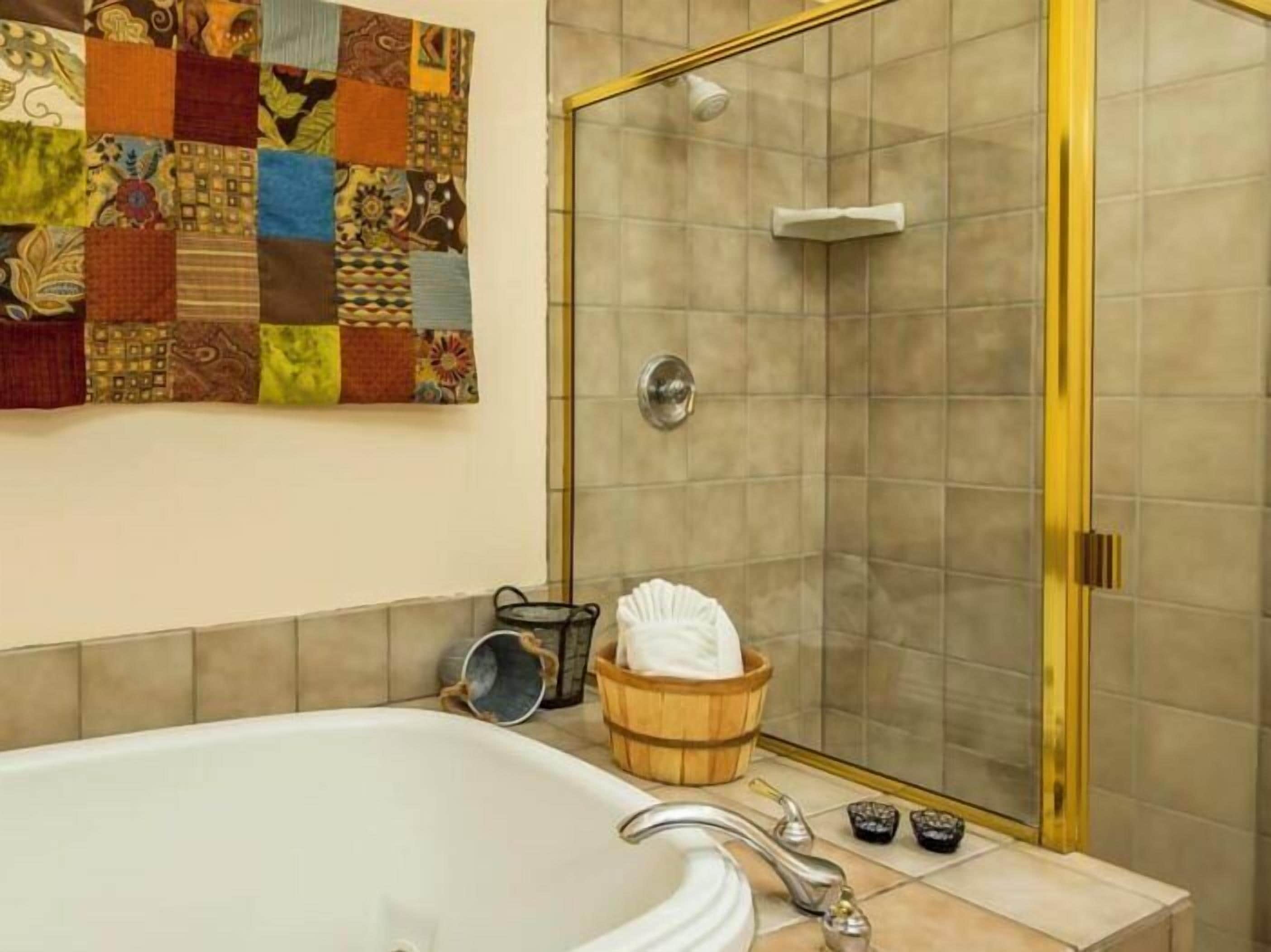Une salle de bain avec une baignoire, une douche dotée d’une porte en verre et une courtepointe accrochée au mur.