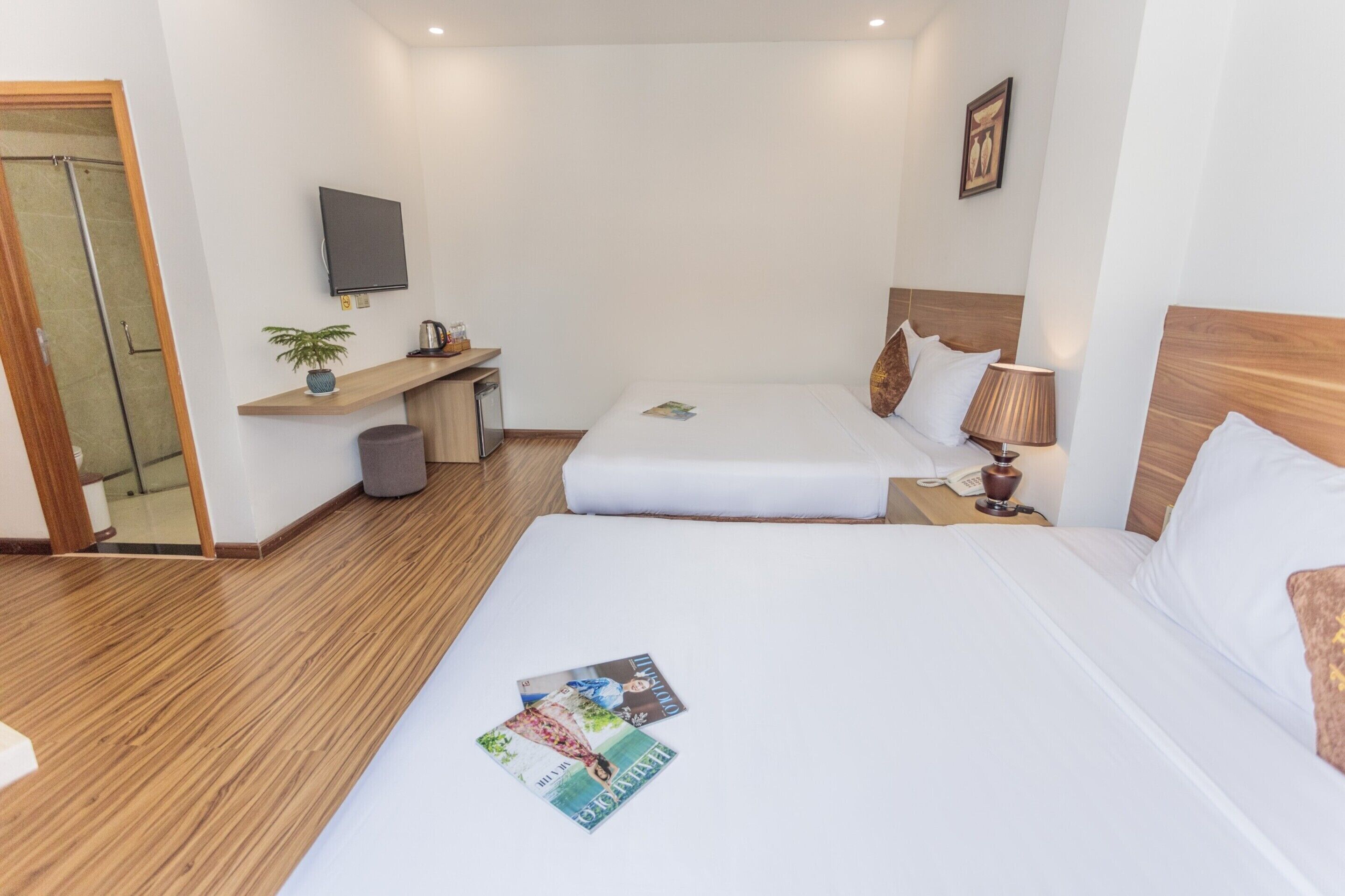 A hotel room with two beds, a desk with a computer, a TV, and a small plant.