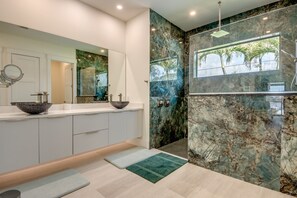 Hair dryer, towels, soap