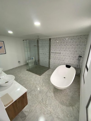 Hair dryer, towels, soap, toilet paper