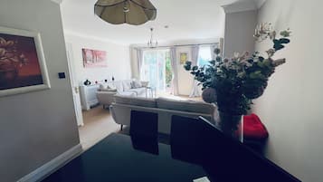 Smart TV, fireplace, books, computer monitors