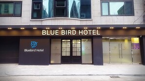 The exterior of the Bluebird Hotel with a modern facade, large windows, and a prominent entrance.